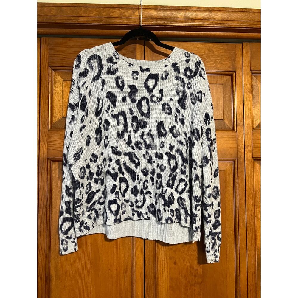 525 America Women's Leopard Print Cotton Sweater Gray Blue Quiet Luxury Size L - Picture 2 of 9